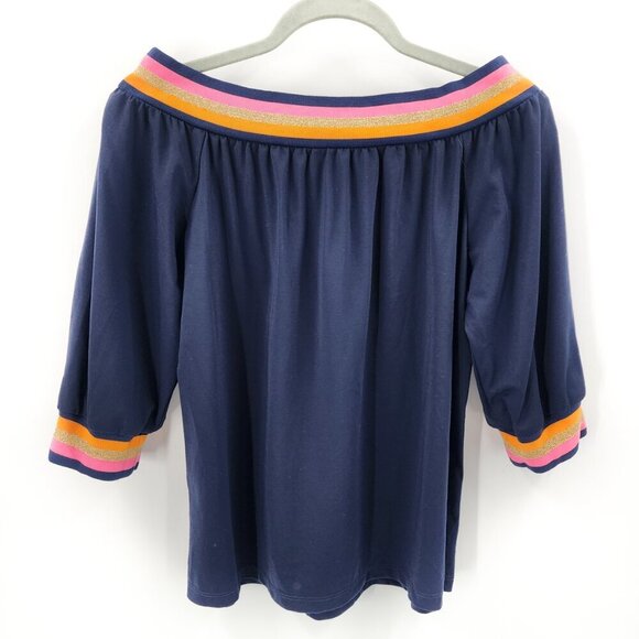 TRINA TURK Beach Off The Shoulder Varsity 3/4 Sleeve Top Navy Blue - Picture 4 of 6